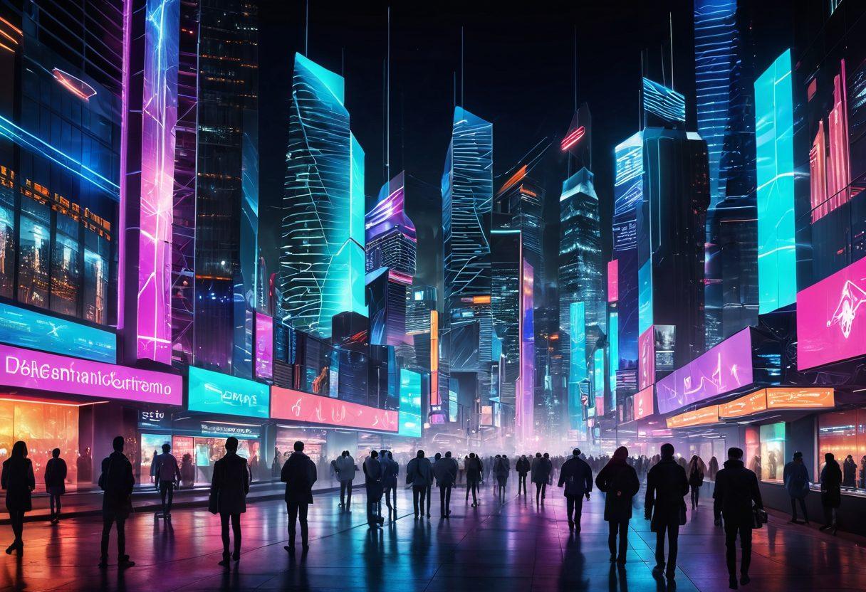 A futuristic cityscape showcasing advanced telecommunication technologies such as holographic displays, drones, and smart towers, with diverse people interacting with these innovations. Bright neon lights and digital interfaces seamlessly blend into the urban environment, symbolizing connectivity and progress. Graphs and digital data streams flow through the air, representing insights and trends. futuristic, vibrant colors, cyberpunk style.