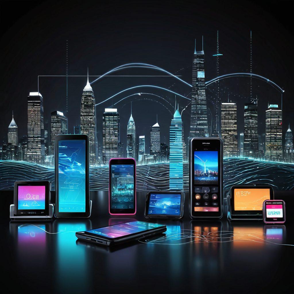 A visually striking timeline showcasing the evolution of wireless communication, featuring vintage and modern telecommunication devices. Include elements like early radios, brick-sized mobile phones, and sleek smartphones against a backdrop of dynamic cityscapes. Infuse futuristic holographic displays and data waves flowing through the air, symbolizing insights and trends in telecom. The color scheme should be vibrant, with a modern tech aesthetic. super-realistic. vibrant colors.